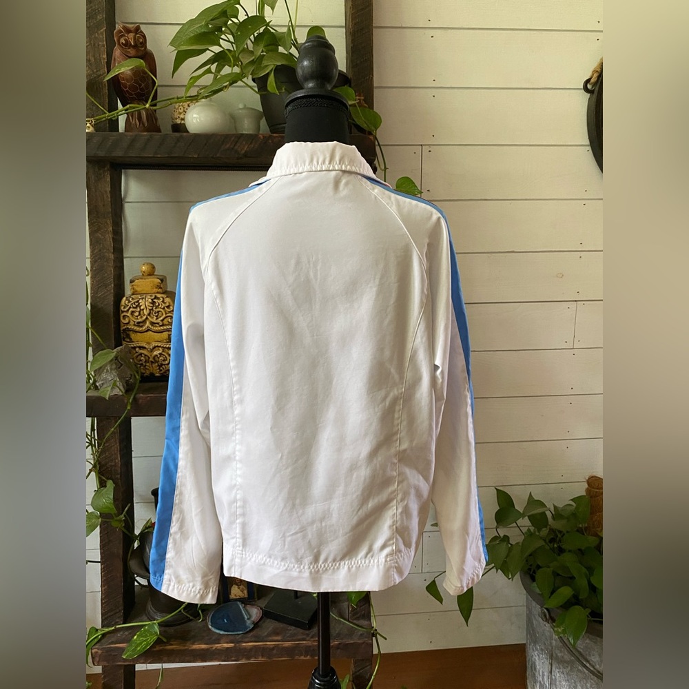 Nike: White Lightweight Bomber Jacket with Retro Blue and Orange Stripe Design - Picture 7 of 17